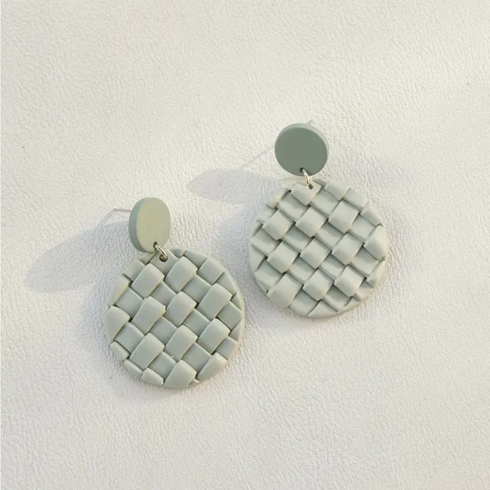 Green Weave Pattern Polymer Round Dangle Earrings